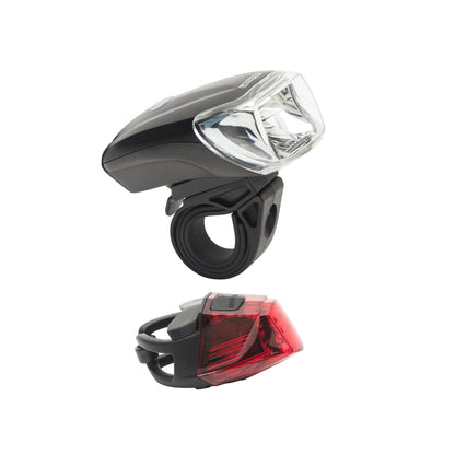 Ledsavers Cykellygter sæt 130 lm, sort frontlygte og sort/rød baglygte med klare linser og gummi monteringsstropper.