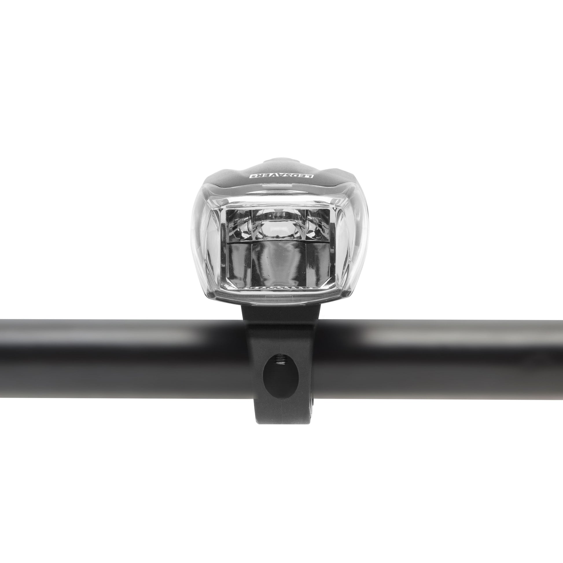 Ledsavers cykel forlygte 130 lm StVZO-certificeret monteret på sort styr set forfra.