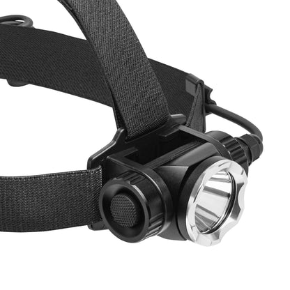 Luxorparts genopladelig pandelampe 1000 lm sort, bred elastisk rem, cylindrisk LED-frontlys, USB-C opladning.