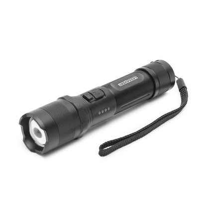 Genopladelig lommelygte 1000 lm sort, struktureret greb, on/off-knap, håndledsrem, USB-C opladning.