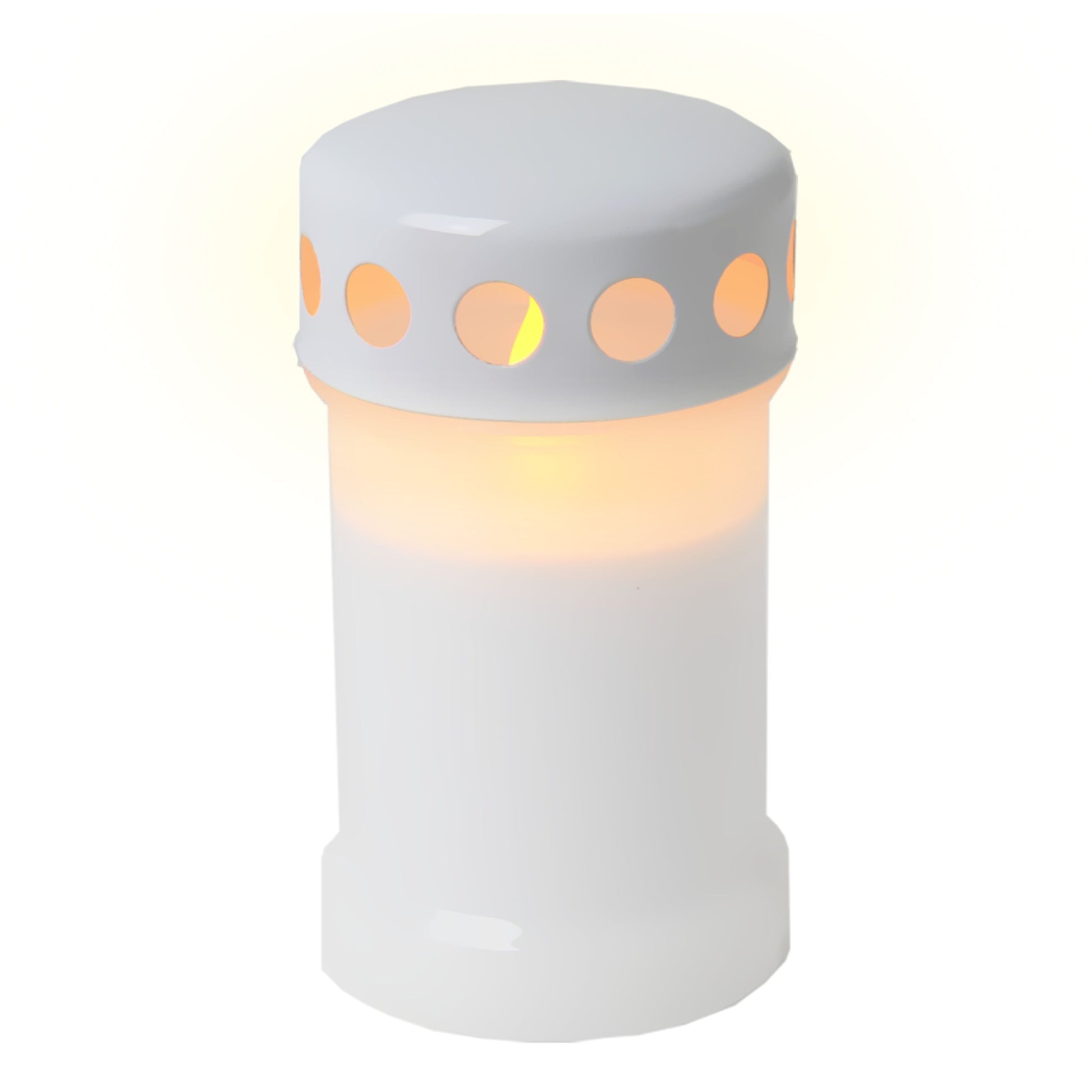 Gravlys LED, hvid cylinder med runde udskæringer i toppen, lang batterilevetid, Star Trading.