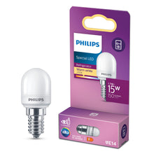 Philips LED-pære E14 150 lm ved lilla og hvid emballage med produktdetaljer.