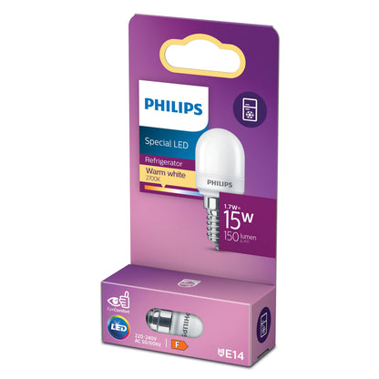 Philips LED-pære E14 150 lm 1,7W tilsvarende 15W varmt hvidt lys 2700K lavt energiforbrug egnet til køleskab.