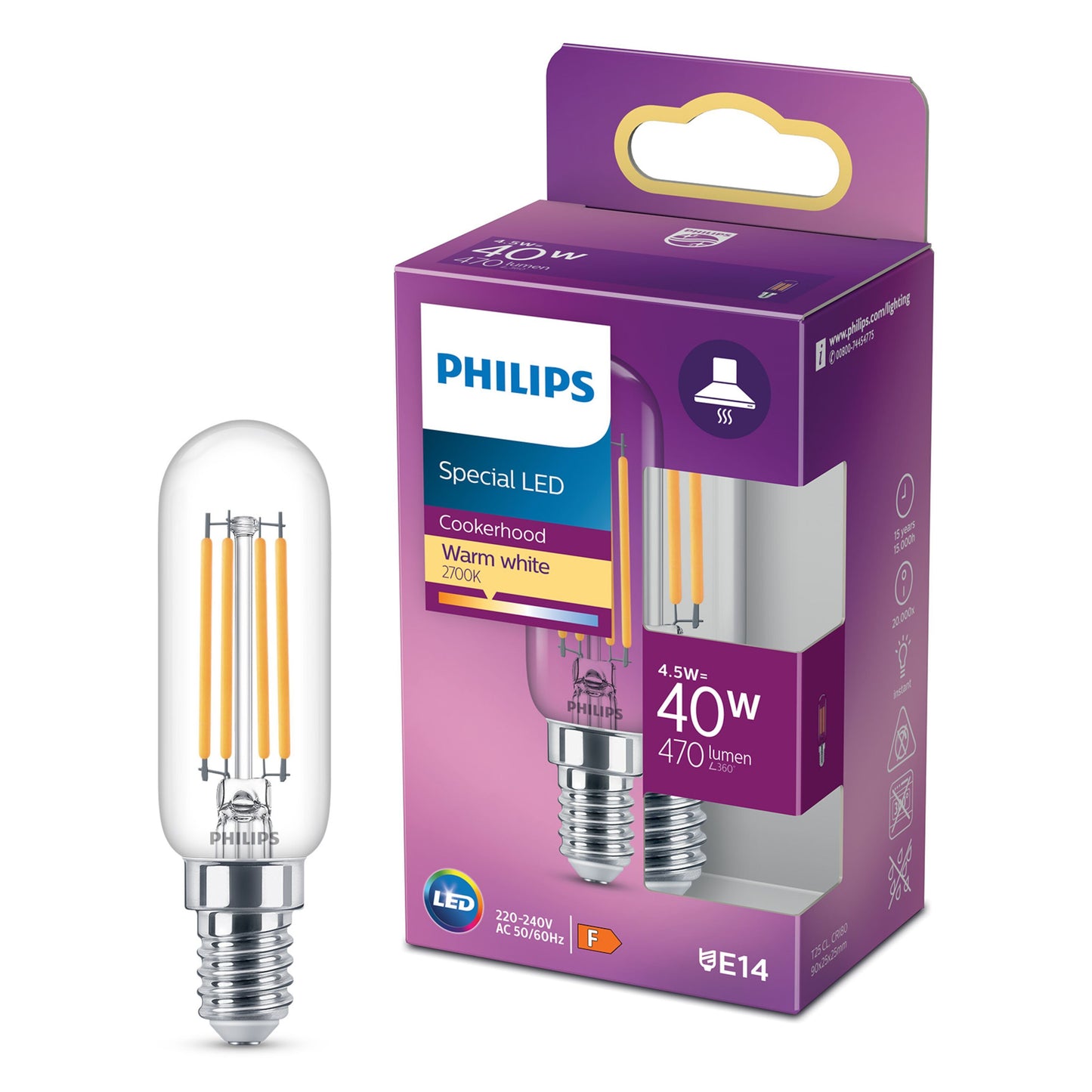 Philips LED-pære E14 470 lm ved lilla æske med varm hvid, 4,5W=40W, egnet til emhætter.