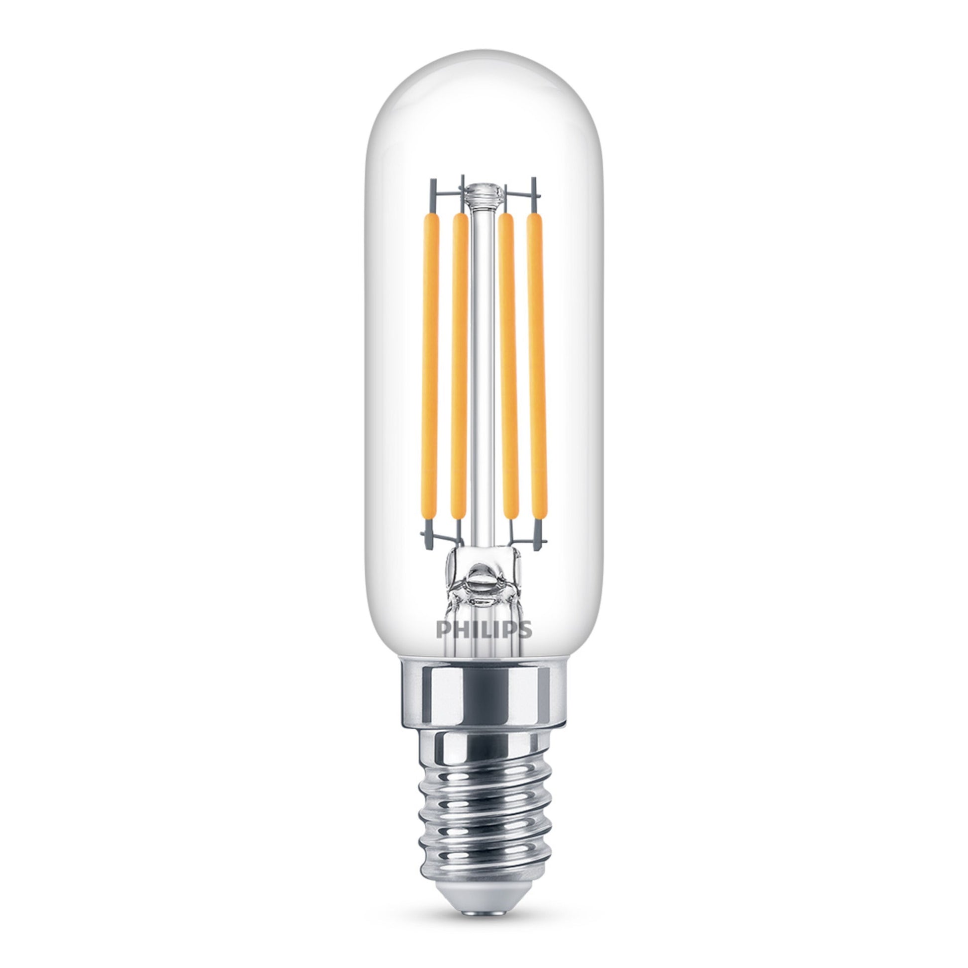Philips LED-pære E14 470 lm klar cylinder, synlige gule filamenter, E14 metal sokkel, varm hvid belysning.