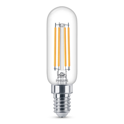 Philips LED-pære E14 470 lm klar cylinder, synlige gule filamenter, E14 metal sokkel, varm hvid belysning.