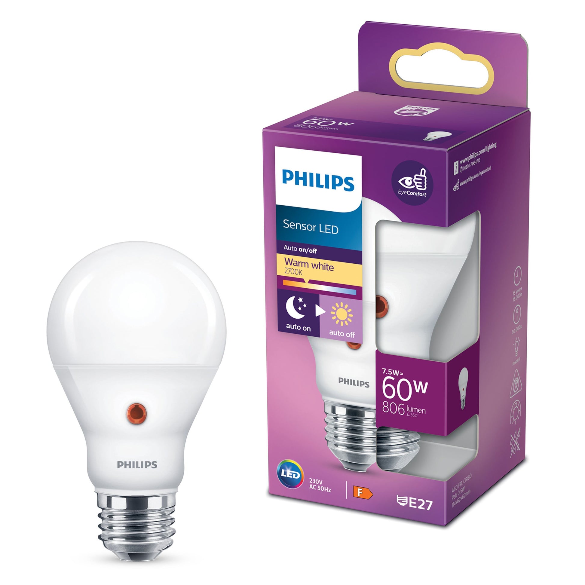 Philips LED-lampe med skumringsrelæ E27 806 lm ved lilla æske, 7,5W, varmt hvidt lys, automatisk tænd/sluk.