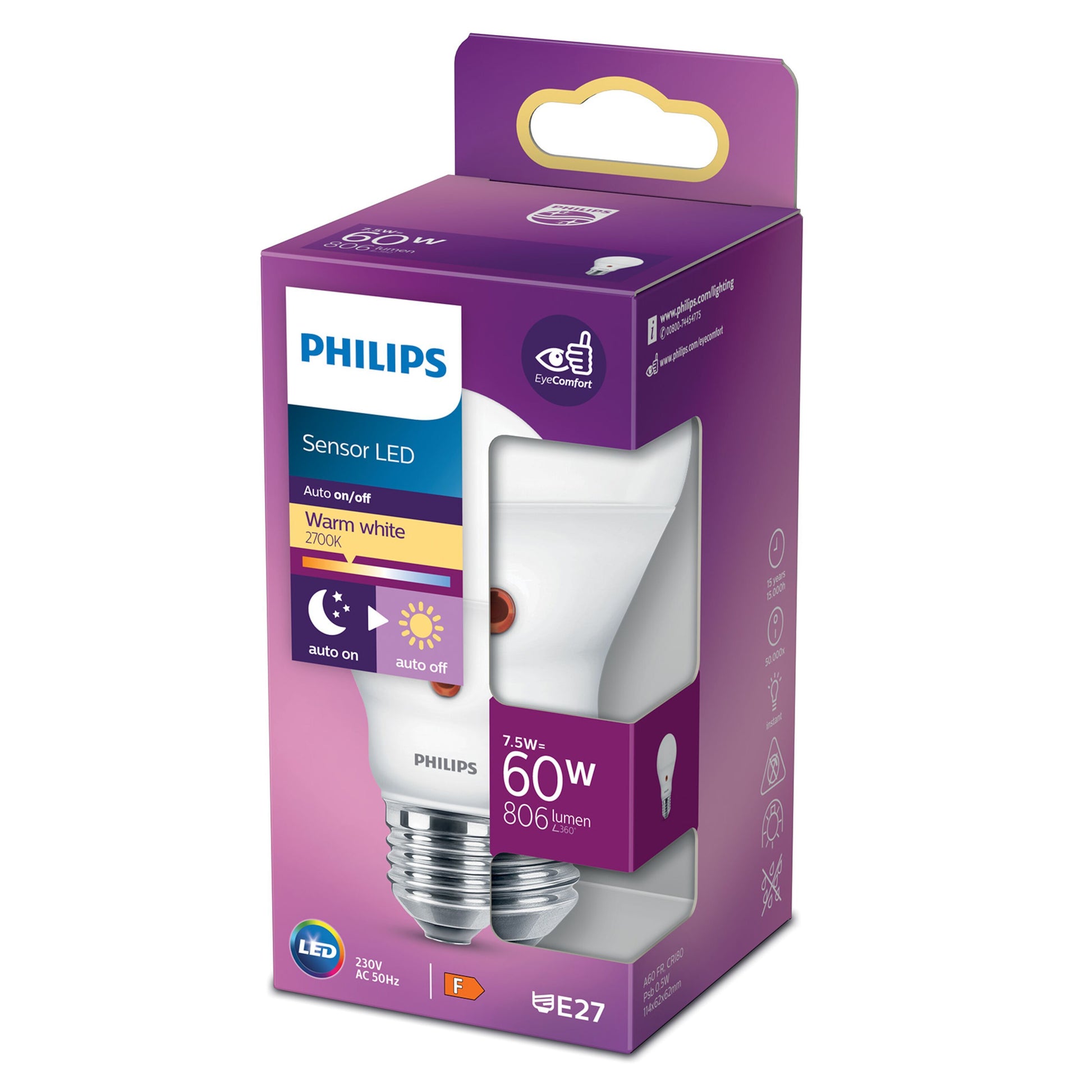 Philips LED-lampe med skumringsrelæ E27 806 lm i lilla og hvide æske med vindue, varmt hvidt lys, auto tænd/sluk.