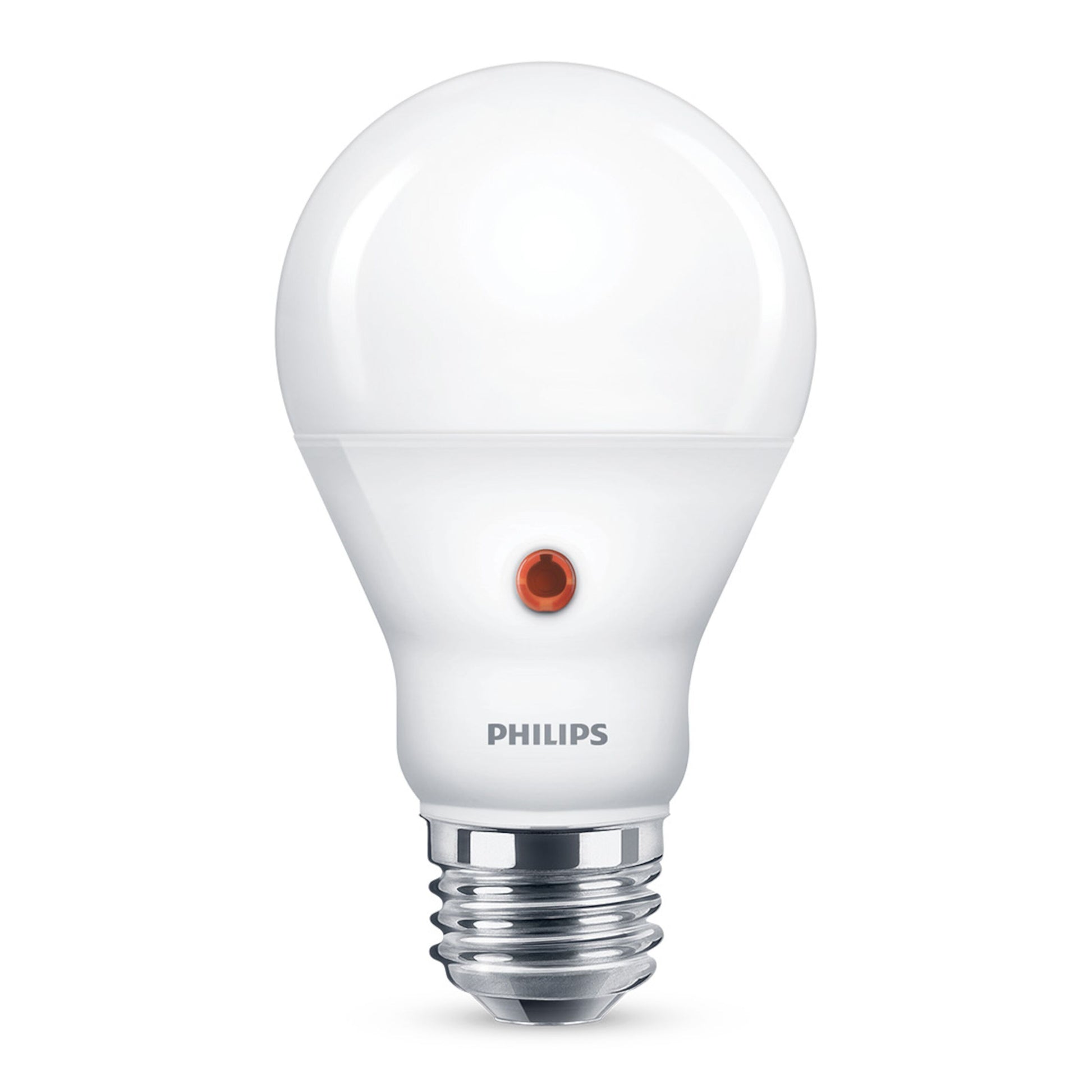 Philips LED-lampe med skumringsrelæ E27 fatning, 806 lm, hvid med synligt lille rødt relæ på lampen.