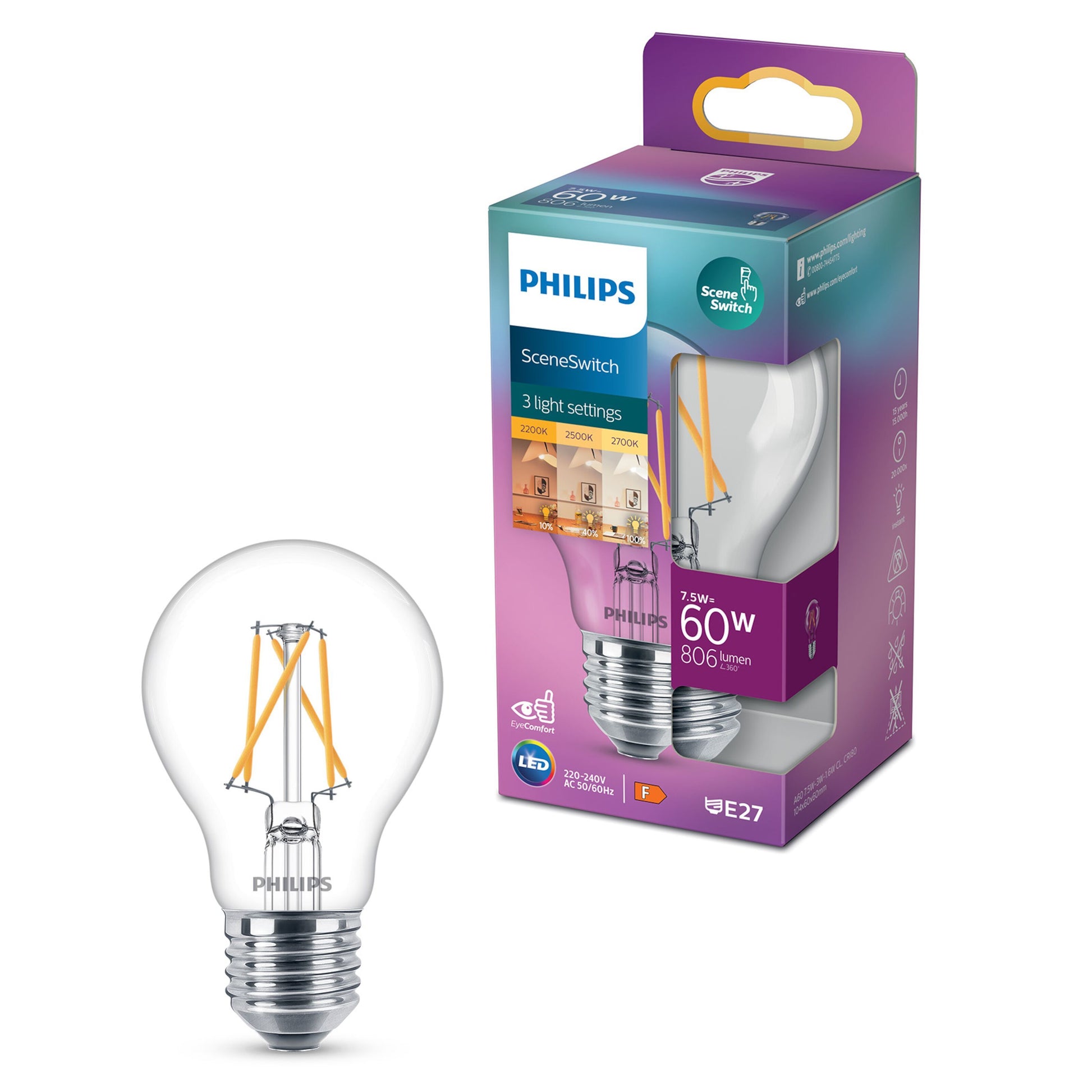 Philips Sceneswitch LED-pære E27 806 lm klar glas synlig filament tre lysindstillinger violet-turkis æske.