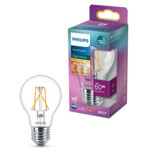 Philips Sceneswitch LED-pære E27 806 lm klar glas synlig filament tre lysindstillinger violet-turkis æske.