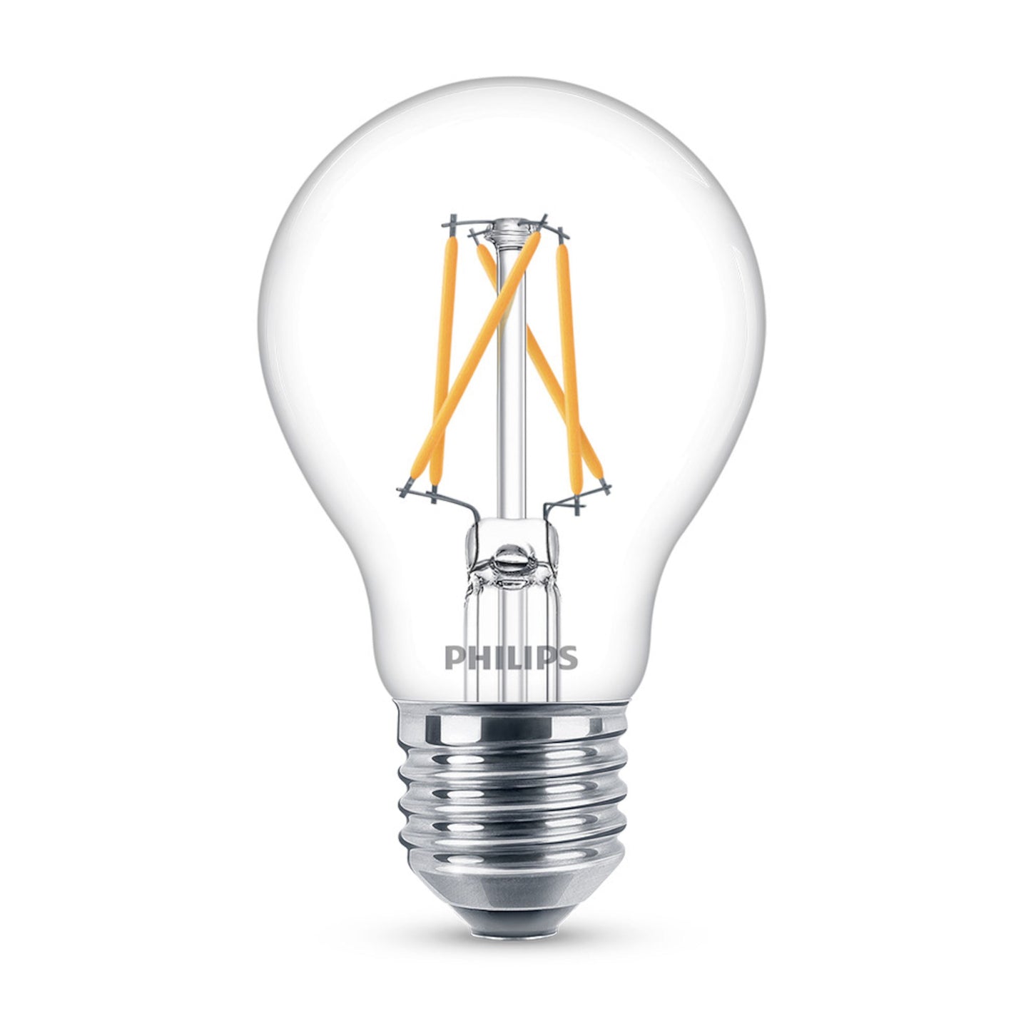 Philips Sceneswitch LED-pære E27 806 lm klar glaspære orange filament sølv fatning justerbar lysstyrke.