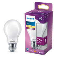 Philips LED pære E27 470 lm, varmhvidt lys 2700K, 4.5W=40W, lilla emballage med specifikationer og pærebillede.