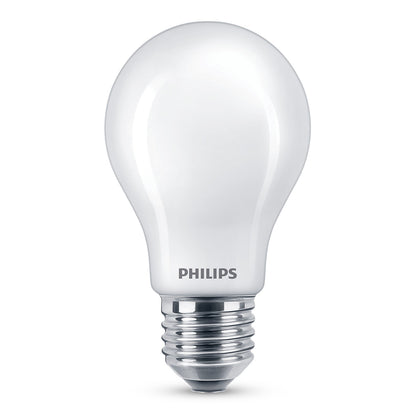 Philips LED pære E27 806 lm, sølvfatning, varm hvid, Philips logo ved sokkel.