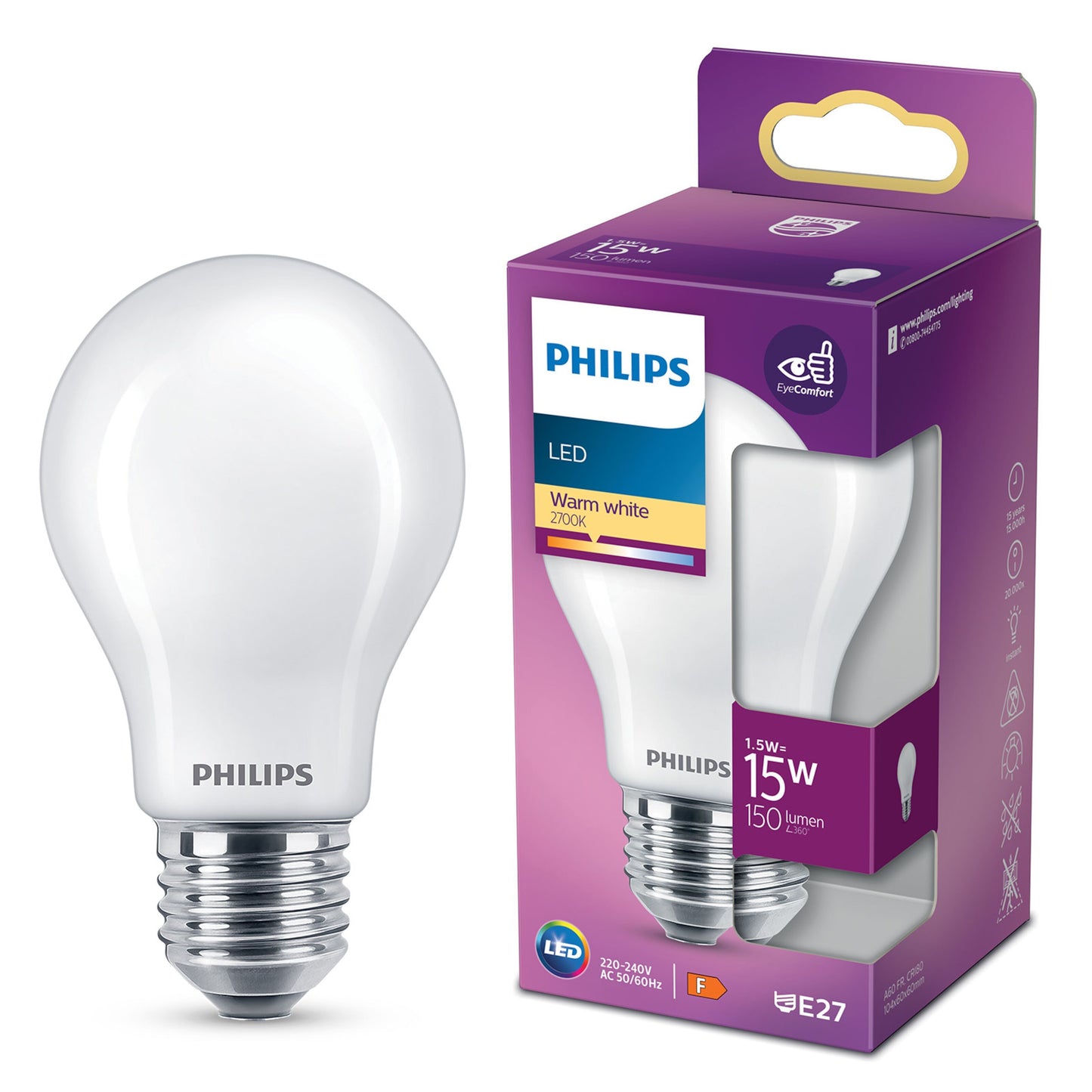Philips LED pære E27 150 lm varm hvid 2700K mat finish EyeComfort 1.5W ved siden af lilla æske.