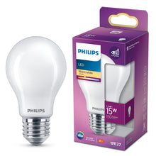 Philips LED pære E27 150 lm varm hvid 2700K mat finish EyeComfort 1.5W ved siden af lilla æske.
