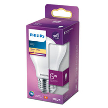 Philips LED pære E27 150 lm varm hvid, lilla emballage med klar rude, energimærke og E27 passeringsinfo.