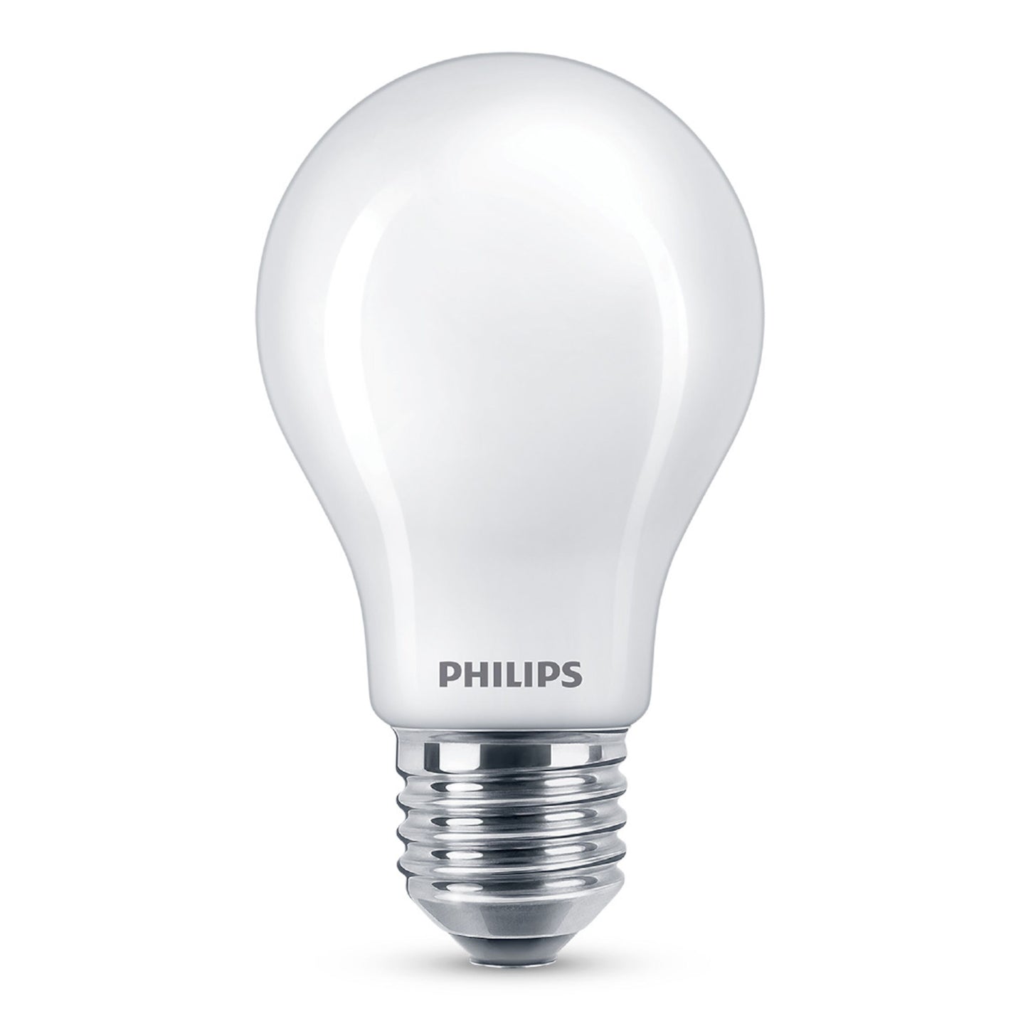 Philips LED pære E27 150 lm, opretstående med PHILIPS-logo nederst, lyser med varmt hvidt lys.