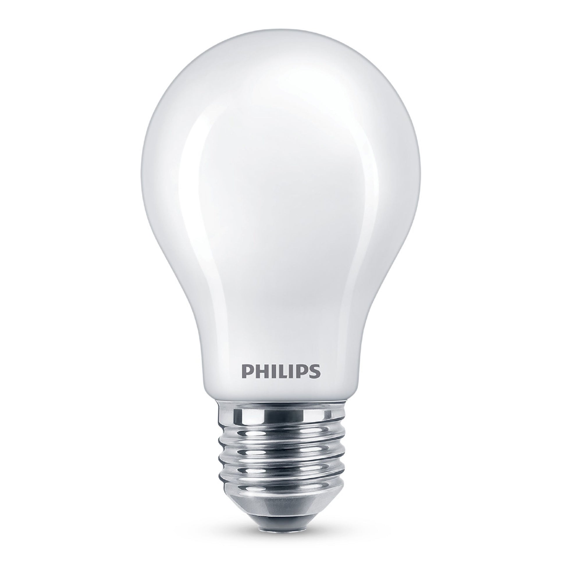 Philips LED pære E27 150 lm, opretstående med PHILIPS-logo nederst, lyser med varmt hvidt lys.