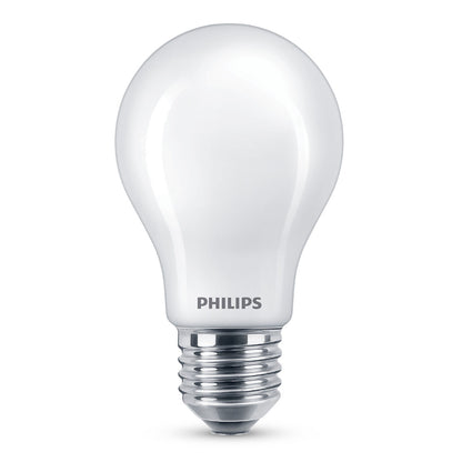 Philips LED pære E27 150 lm, opretstående med PHILIPS-logo nederst, lyser med varmt hvidt lys.