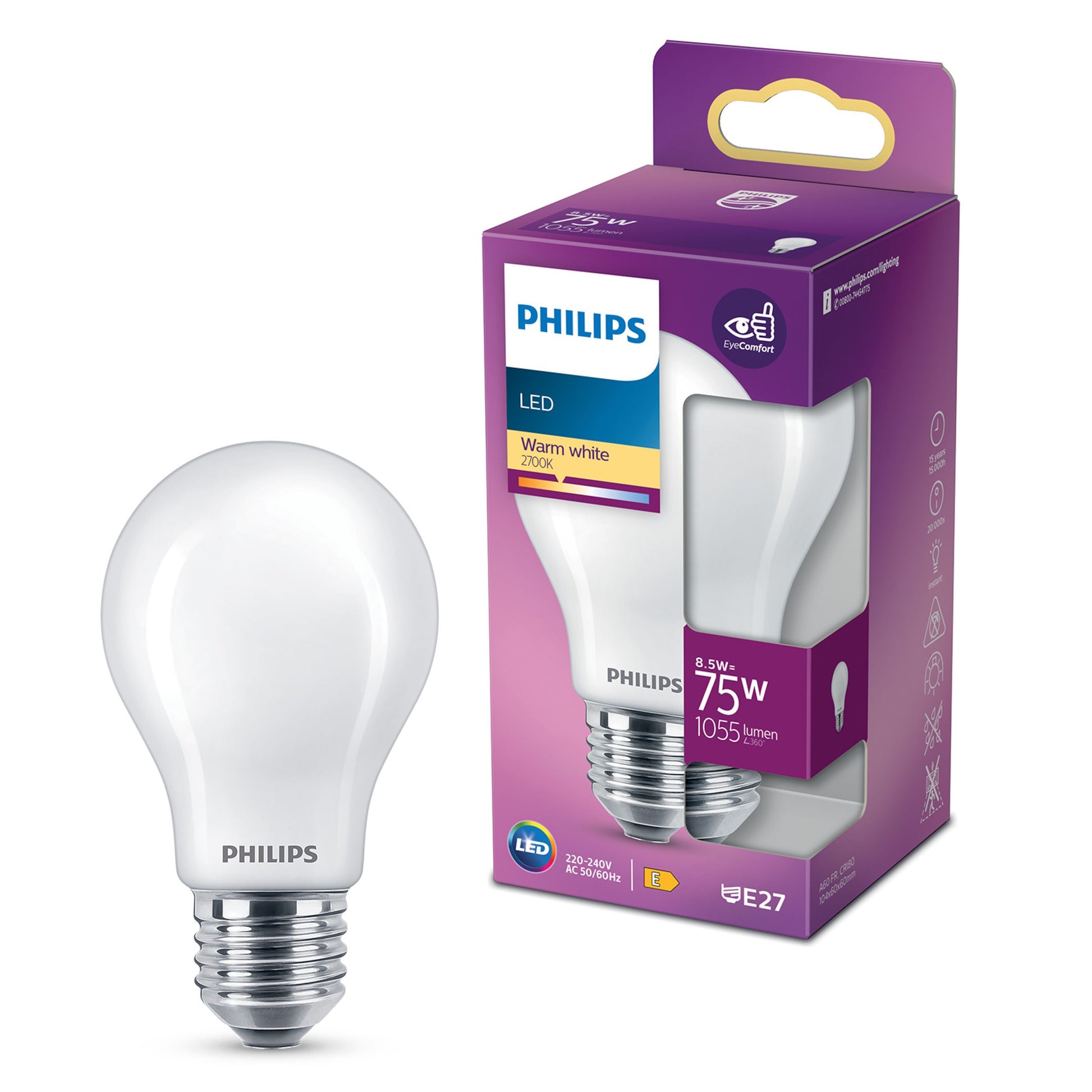 Philips LED pære E27 1055 lm, varmt hvidt lys, 8,5W (75W), lilla æske med Philips-logo og produktinfo.