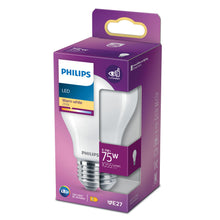Philips LED pære E27 1055 lm, 8.5W, erstatter 75W, 2700K varm hvid, energiklasse E, lilla emballage.
