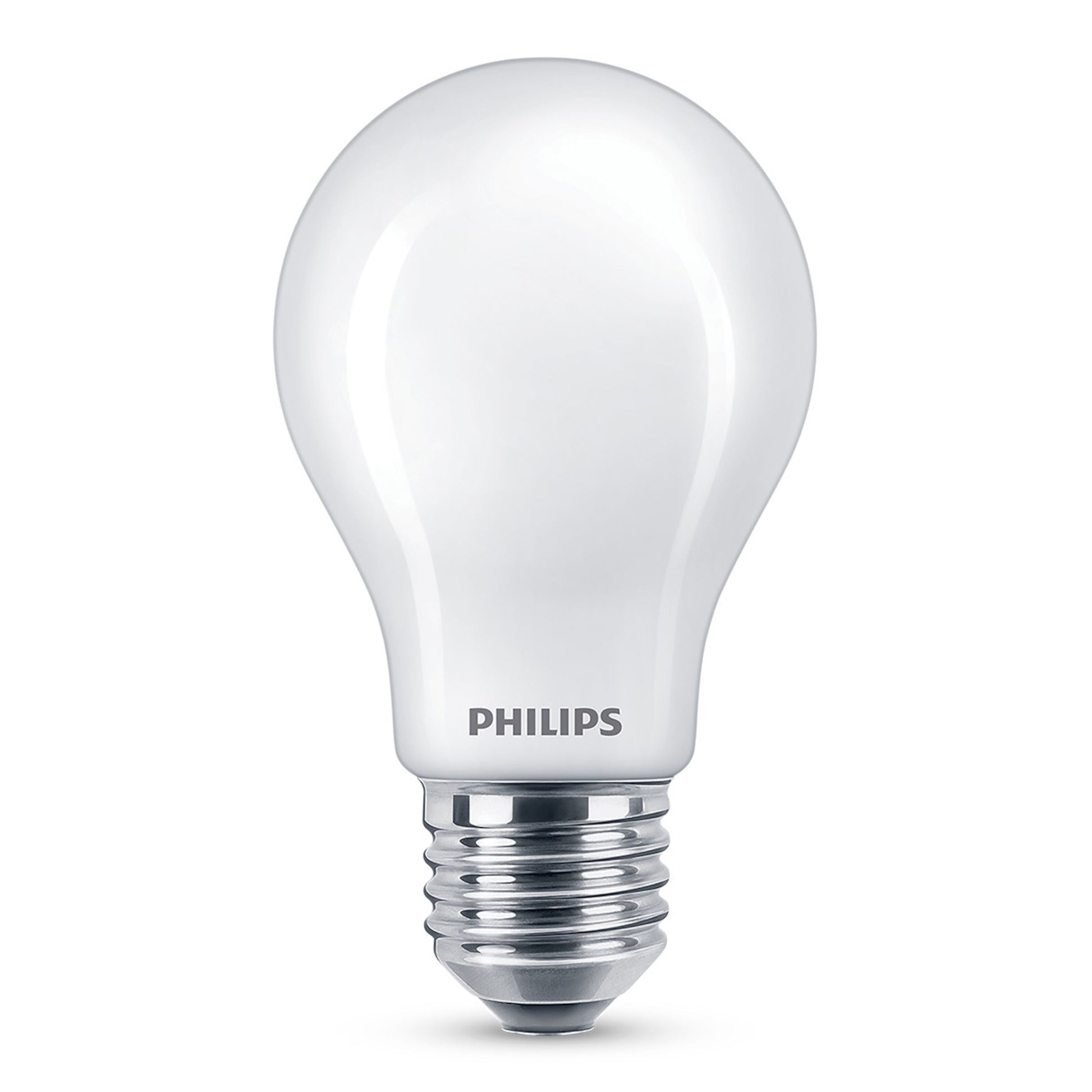 Philips LED pære E27 1055 lm, sølv skruefatning, varmt hvidt lys, Philips logo trykt nær basen.