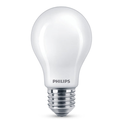 Philips LED pære E27 1055 lm, sølv skruefatning, varmt hvidt lys, Philips logo trykt nær basen.