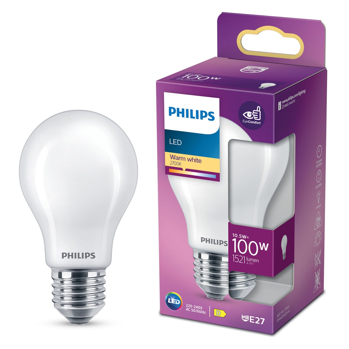 Philips LED pære E27 1521 lm varm hvid 2700K 10.5W lilla æske, pære og emballage vist sammen.
