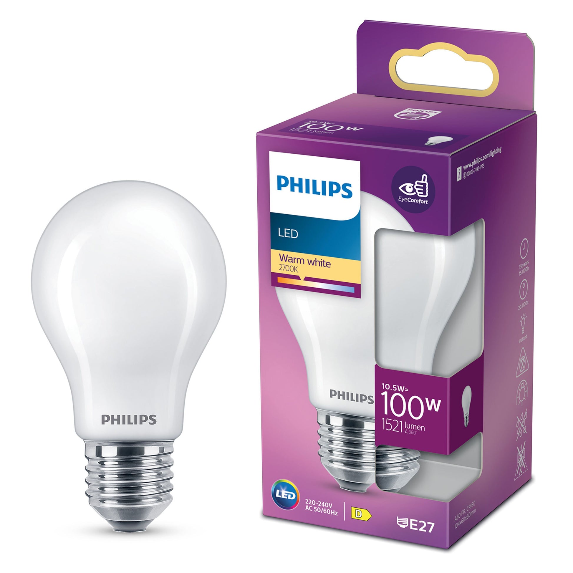 Philips LED pære E27 1521 lm varm hvid 2700K 10.5W lilla æske, pære og emballage vist sammen.