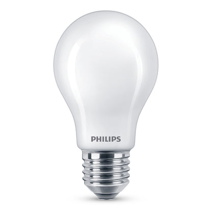Philips LED pære E27 1521 lm hvid med mat glas og metal sokkel.