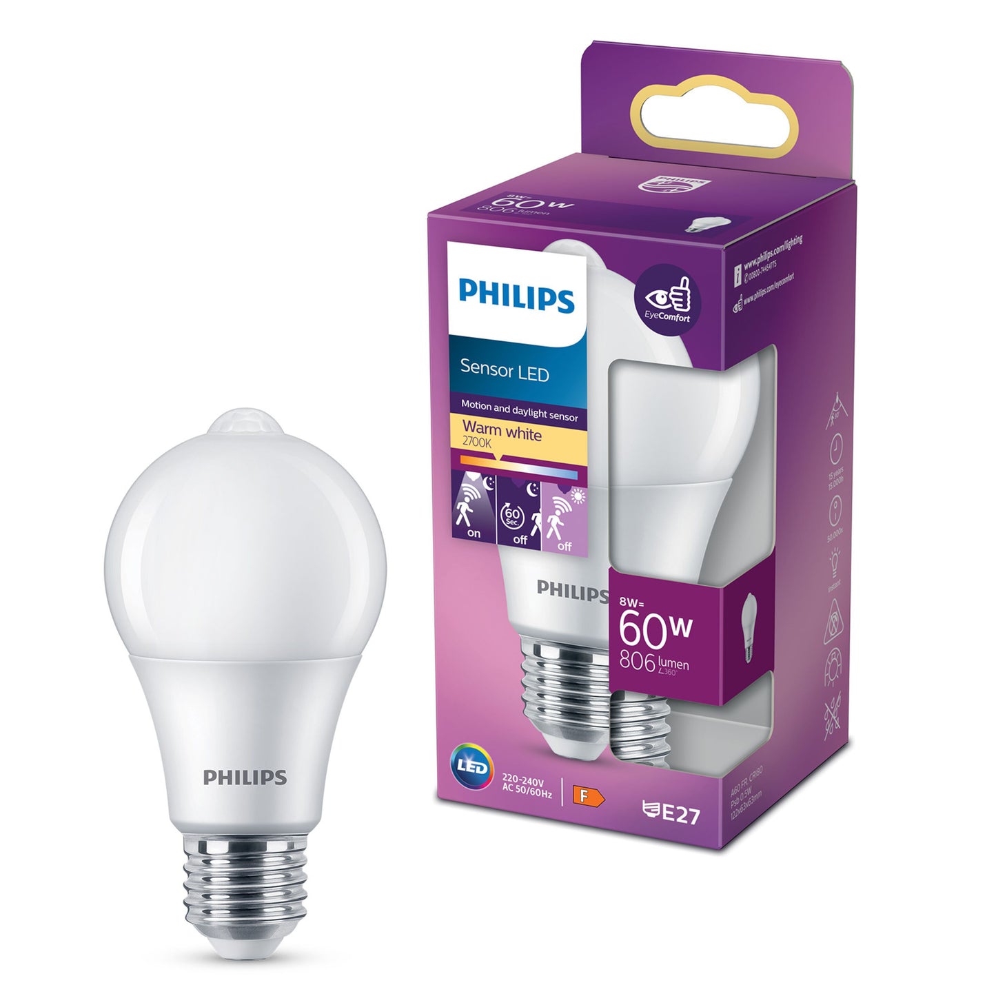 Philips LED-lampe med bevægelsessensor E27 806 lm Warm White ved lilla og hvid emballage med Philips-logo.
