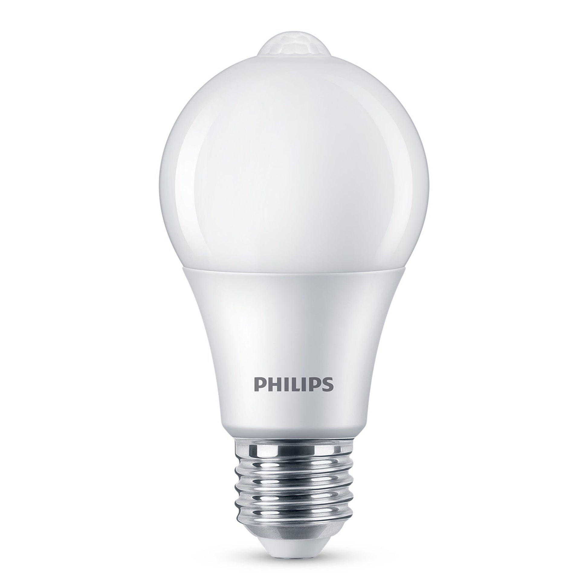 Philips LED-lampe E27 med bevægelsessensor 806 lm, rund glat top, standard skruefatning, synligt Philips-logo på basen.