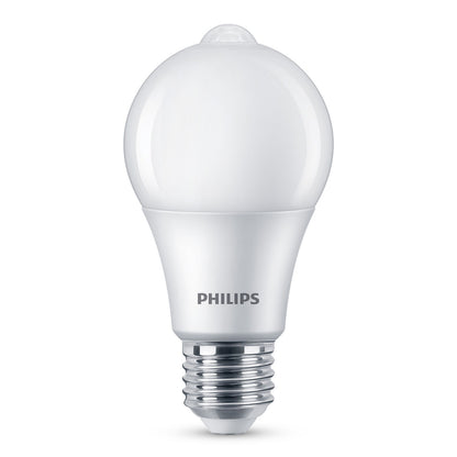 Philips LED-lampe E27 med bevægelsessensor 806 lm, rund glat top, standard skruefatning, synligt Philips-logo på basen.