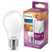 Philips dæmpbar LED-pære E27 1521 lm, 100W erstatter, 2700K varmt hvidt lys, vist med original emballage.