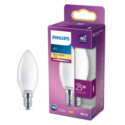 Philips Kron LED pære E14 250 lm 2.2W 25W ækvivalent varm hvid med lilla/hvid emballage og E14 sokkel.