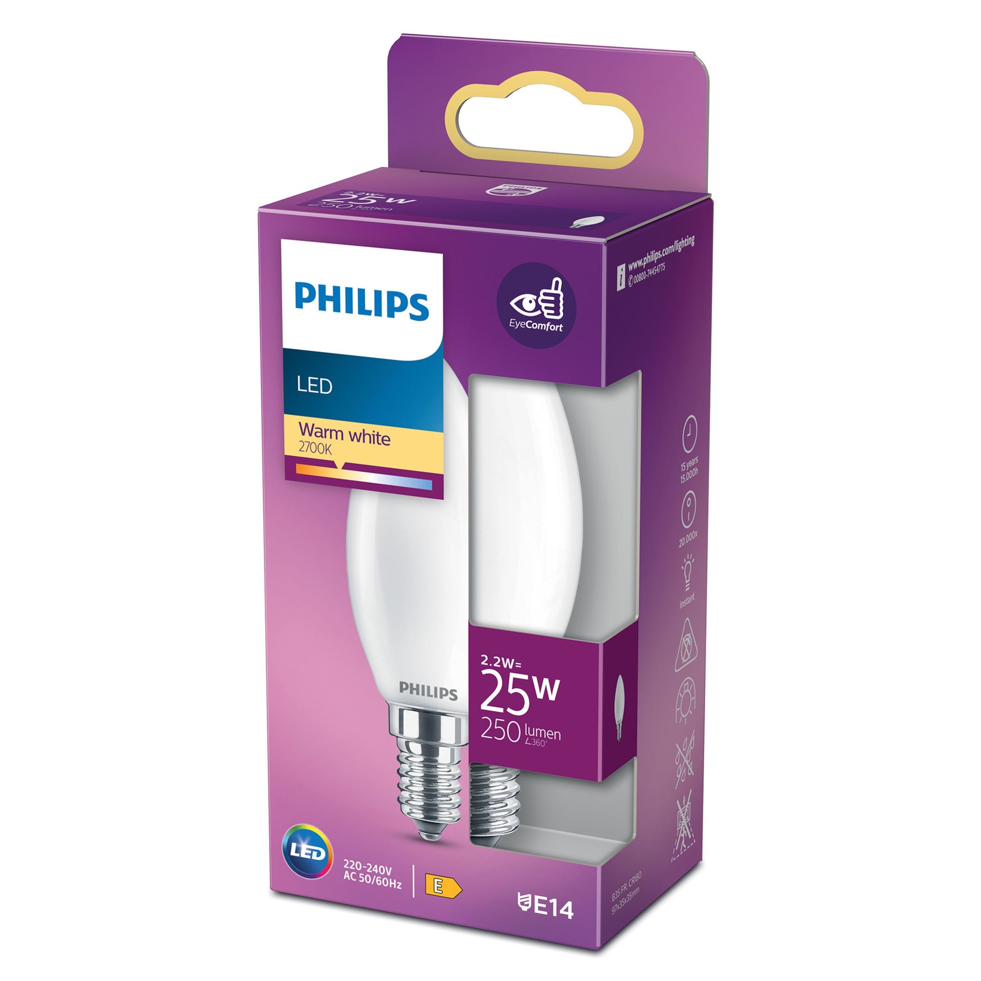 Philips Kron LED E14 250 lm pære delvist synlig i lilla og hvid æske med produktdetaljer.