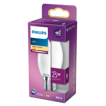 Philips Kron LED E14 250 lm pære delvist synlig i lilla og hvid æske med produktdetaljer.