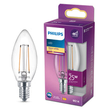 Philips Kron LED pære E14 250 lumen varm hvid, lilla æske med Philips-logo, energimærkning og nøgledata.