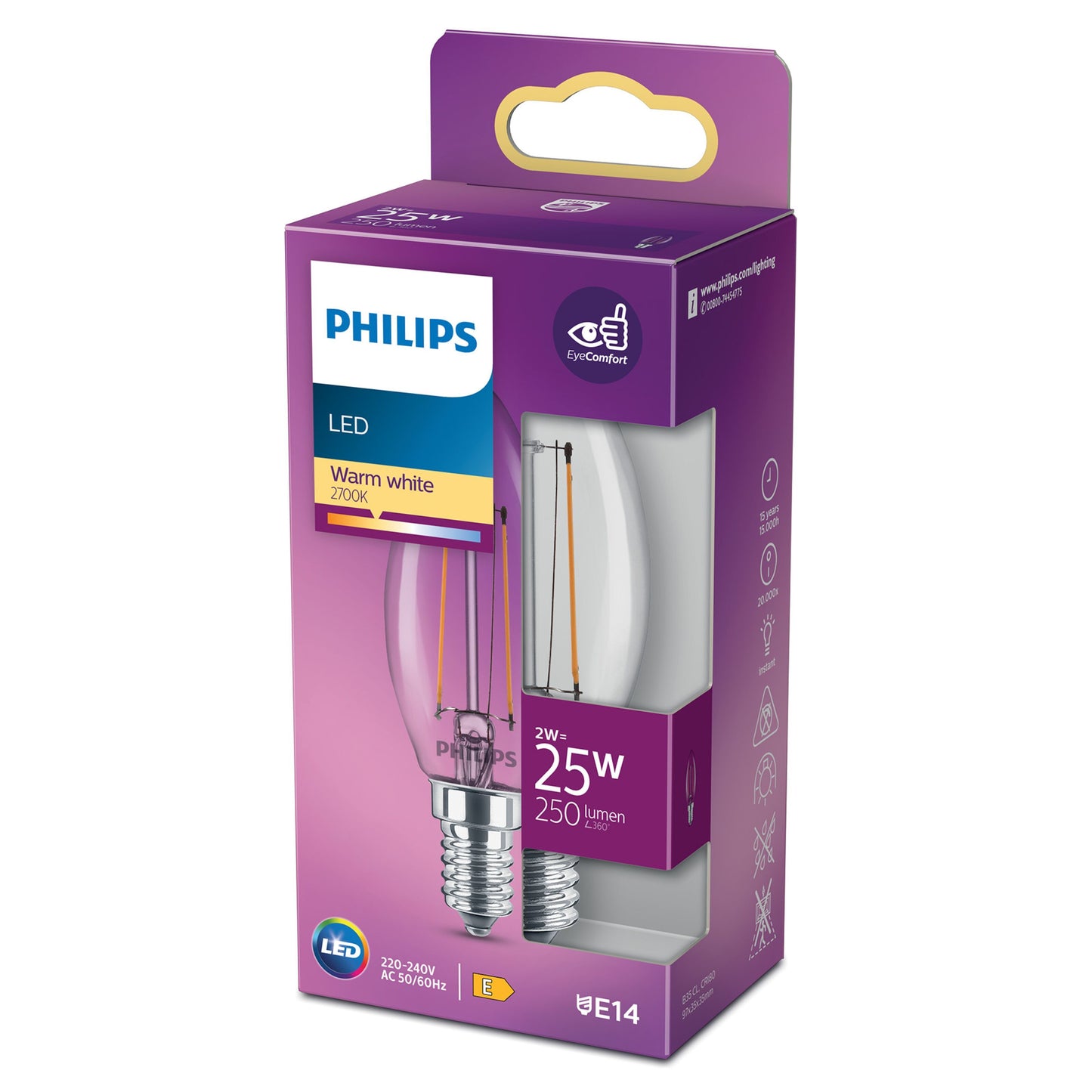 Philips Kron LED E14 250 lm klar pære, stearinlysform, E14 fatning, varm hvid 2700K, 2W=25W, æske med produktinfo.