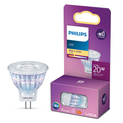 Philips LED GU4 pære 184 lm varm hvid 2,3W tilsvarende 20W i lilla æske med billede, logo og nøglefunktioner.
