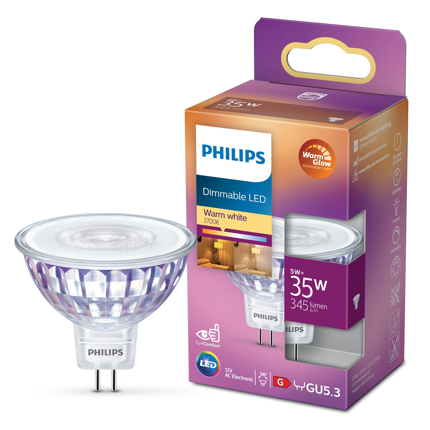 Philips LED-pære GU5.3 345 lm, lilla/orange æske, Varm hvid 2700K 5W=35W, Warm Glow-logo synligt.