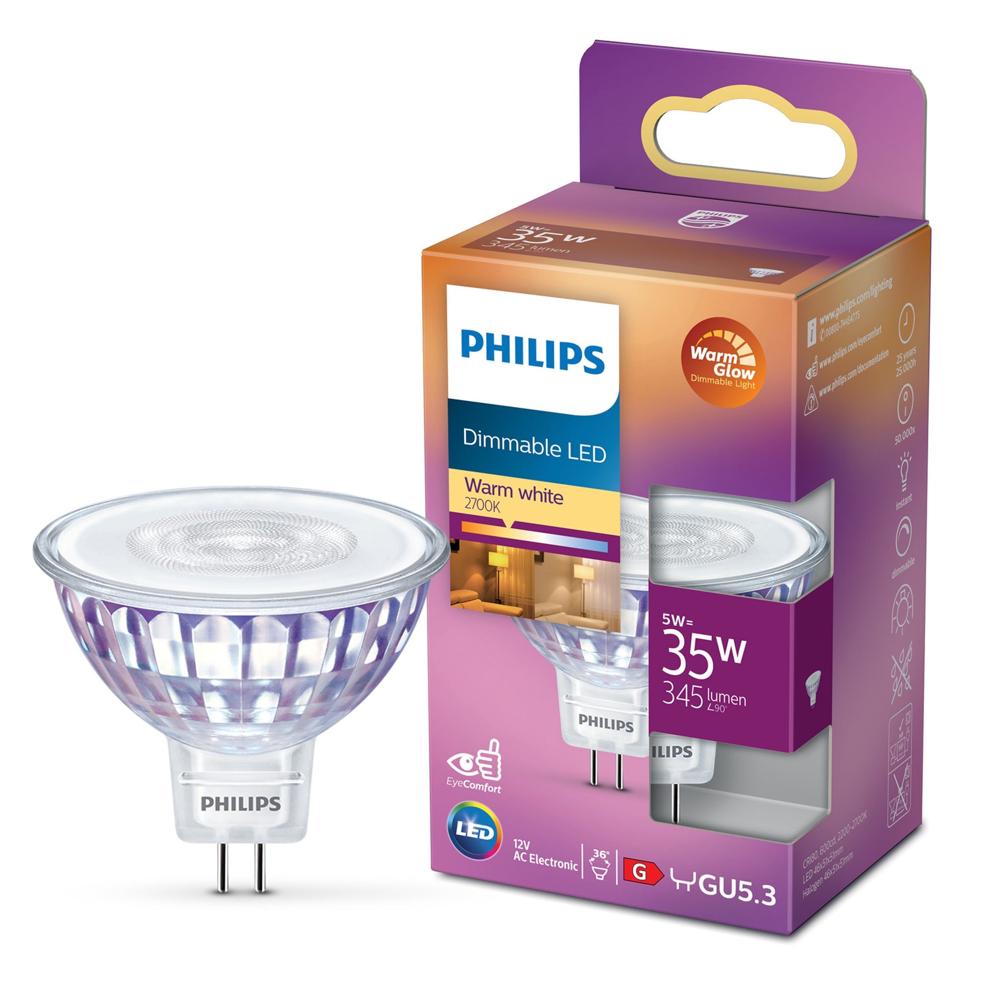 Philips LED-pære GU5.3 345 lm, lilla/orange æske, Varm hvid 2700K 5W=35W, Warm Glow-logo synligt.