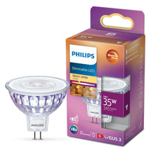 Philips LED-pære GU5.3 345 lm, lilla/orange æske, Varm hvid 2700K 5W=35W, Warm Glow-logo synligt.