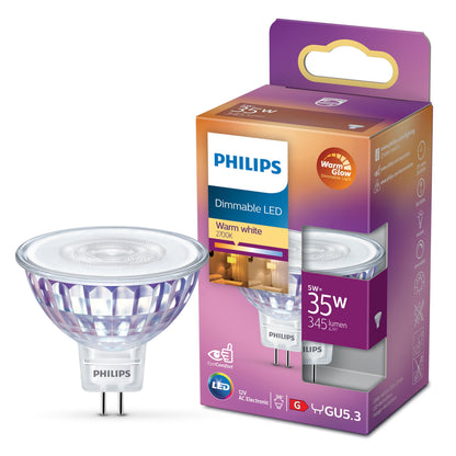 Philips LED-pære GU5.3 345 lm, lilla/orange æske, Varm hvid 2700K 5W=35W, Warm Glow-logo synligt.