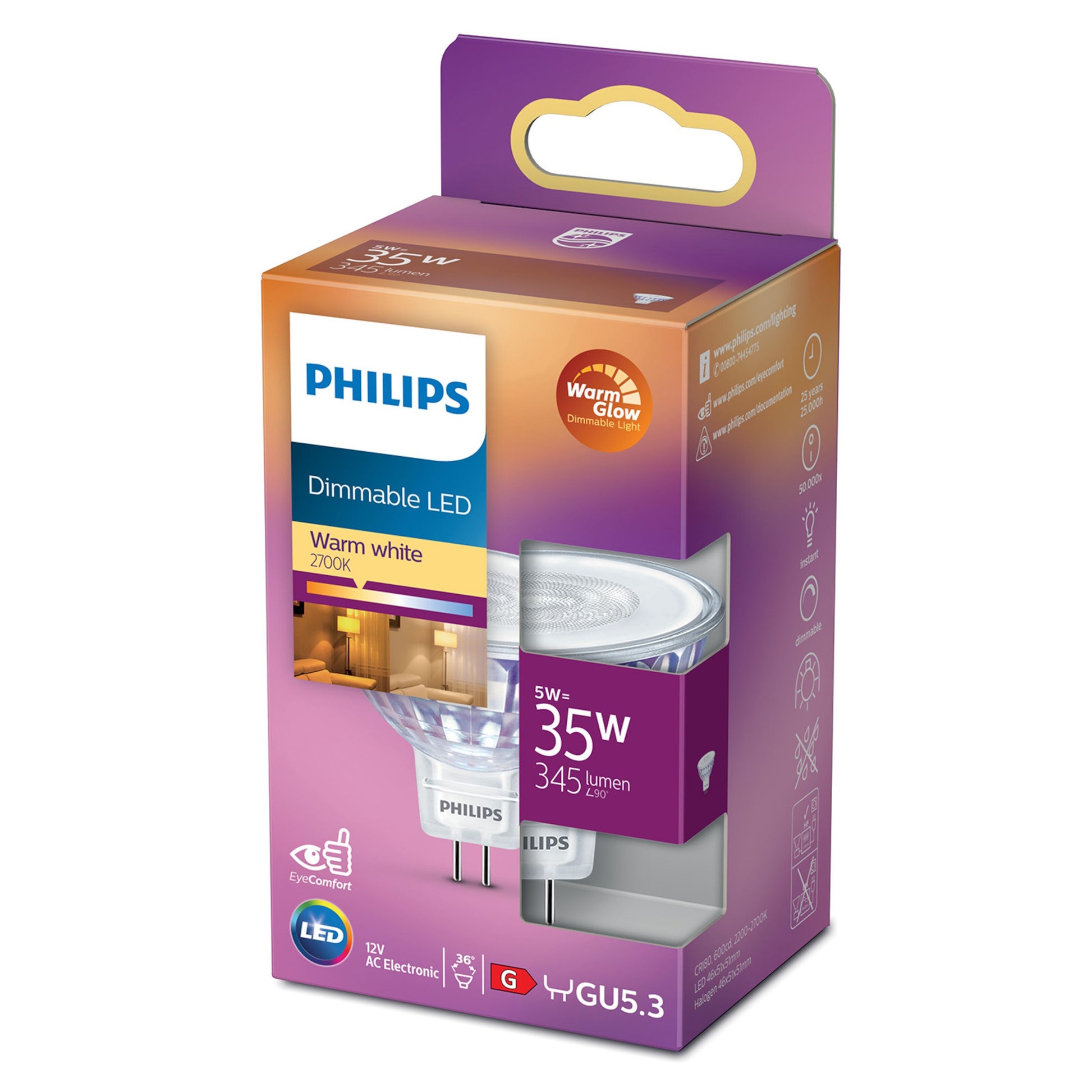 Philips LED-pære GU5,3 345 lm emballage med 35W, varm hvid 2700K, dæmpbar spot, lilla-orange gradient design.