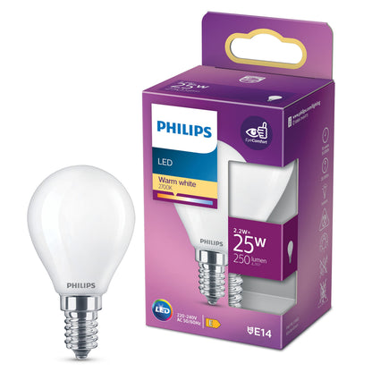 Philips LED pære E14 250 lumen, varm hvid 2700K, 2,2W=25W, lilla emballage med billede af pæren.