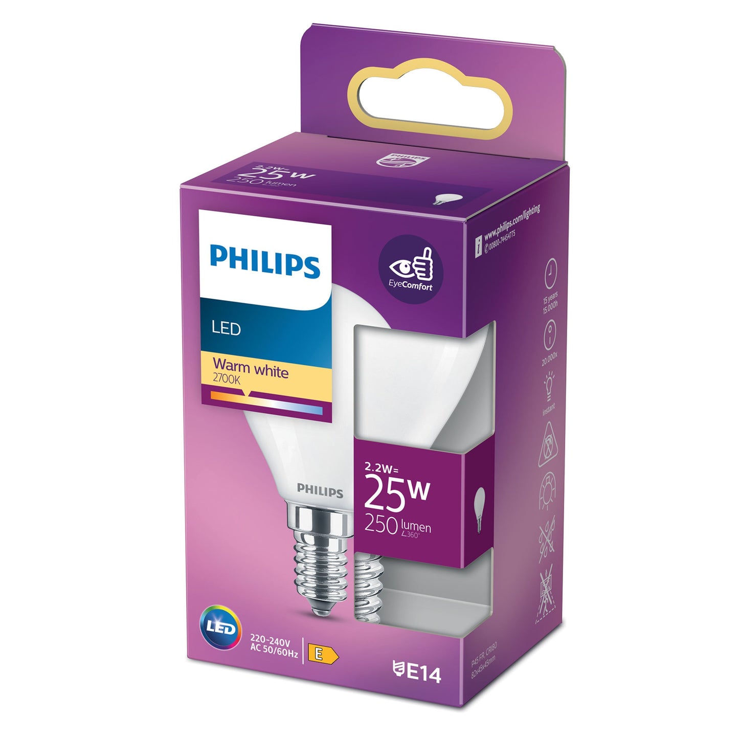 Philips LED-lys E14 250 lm varm hvid 2700K 2,2W tilsvarende 25W, lilla/hvid æske med energispareikoner.