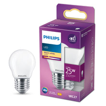 Philips LED-pære E27 250 lm i lilla æske med tekst: LED, Varm hvid 2700K, 2,2W=25W, 250 lumen, E27-ikon.