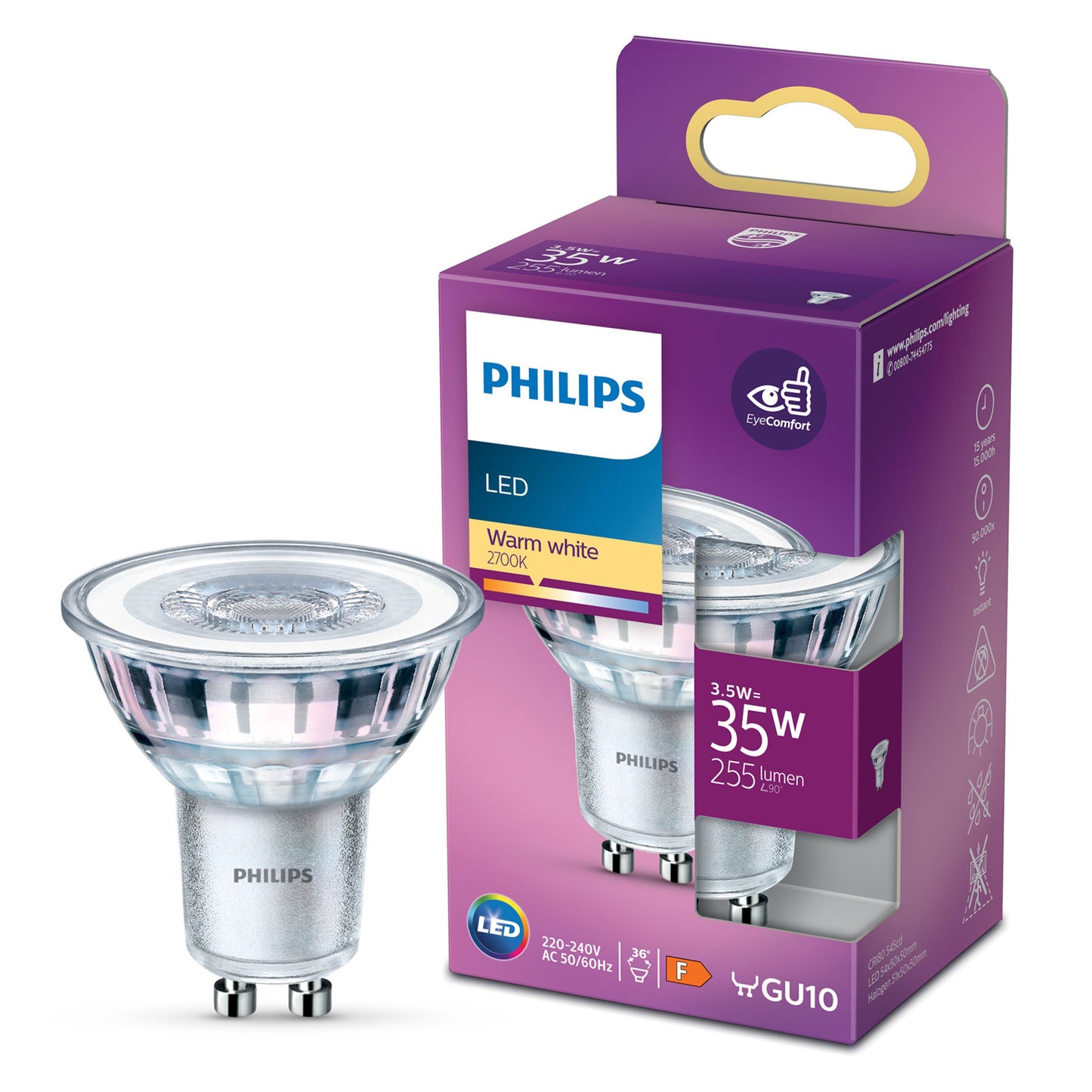 Philips LED-pære GU10 255 lm 3,5W erstatter 35W varm hvid 2700K EyeComfort lilla/hvid emballage.